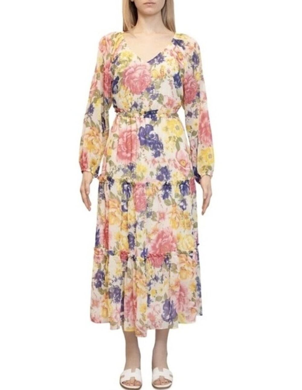 Dylan Ryan NYC Long-Sleeve Floral Tiered Midi Dress. Size Extra Small